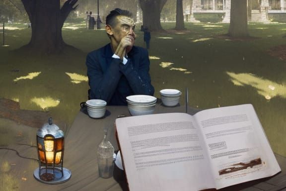 Skeptical Coffee Drinker in Park: Matte Painting