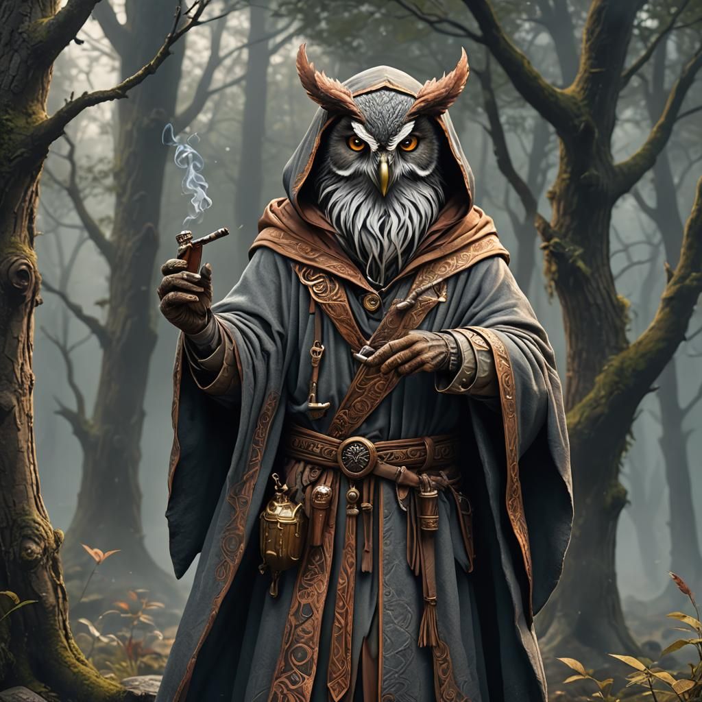 Owlfolk Druid in Gray and Copper Robe, Smoking Pipe in Mysti...