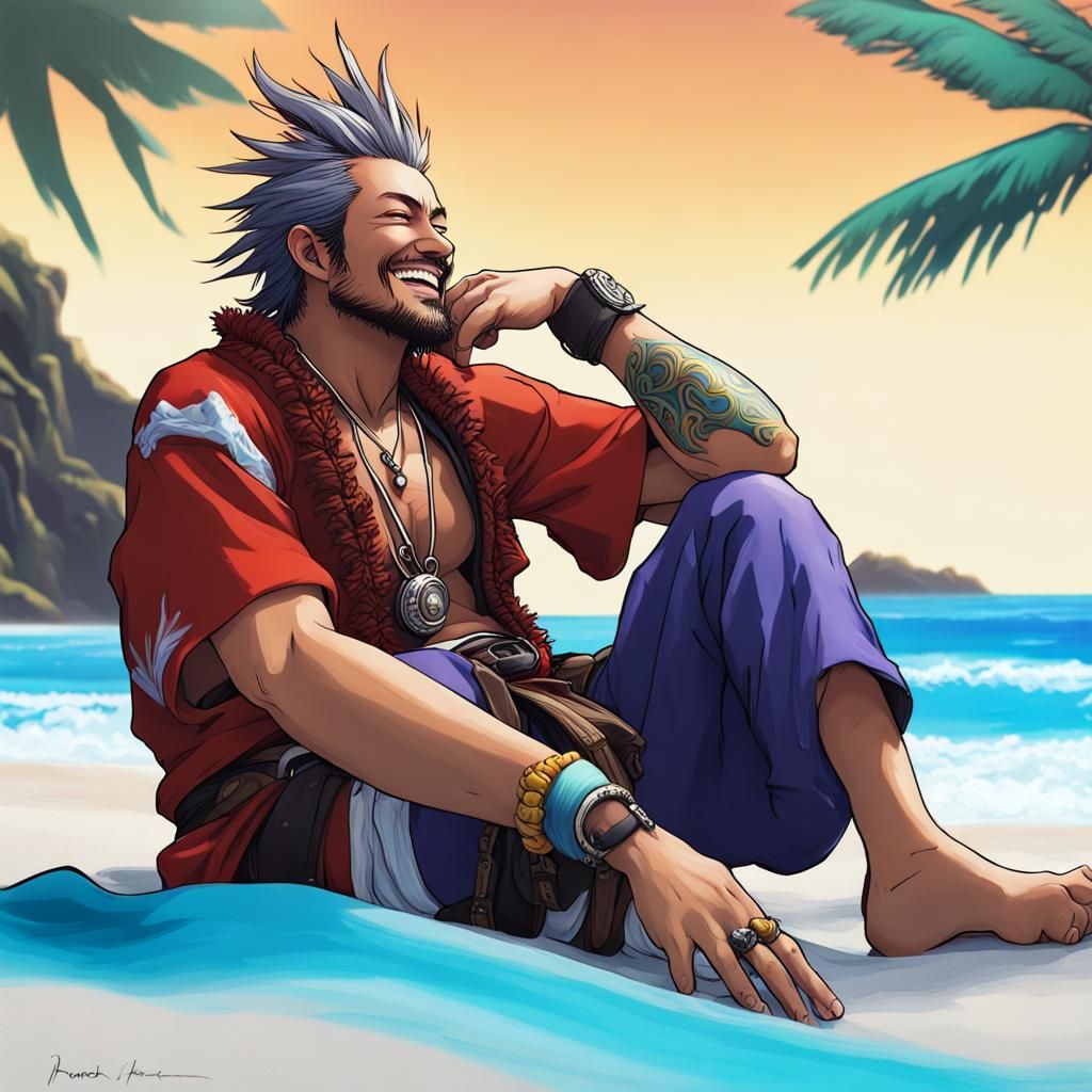 Soothing Beach Scene of Auron in Hyperrealistic Splash Art