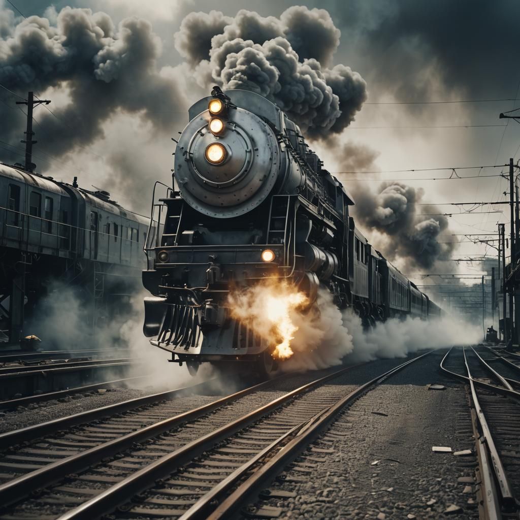 Dystopian Futuristic Silver Train Soars Over Tracks in Epic...