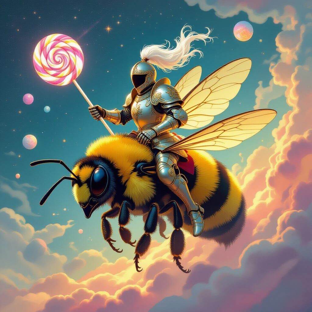 Knight Rides Giant Bee Through Nebula in Art Nouveau Style
