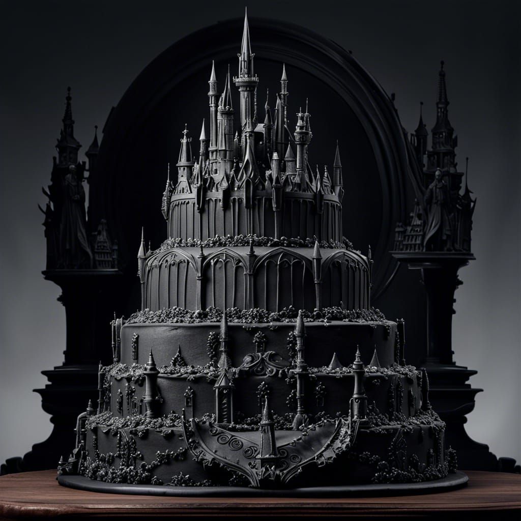 Elegant Gothic Castle Wedding Cake in Black and White