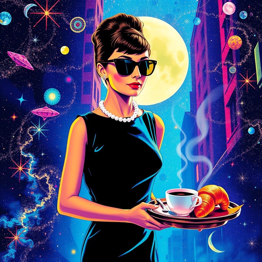 Pop Art Audrey Hepburn in Cosmic Holographic Scene