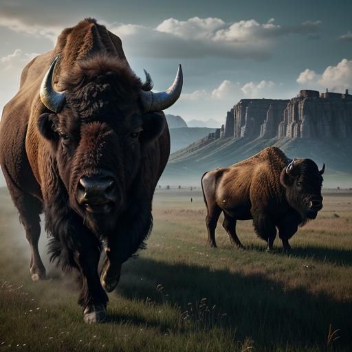 Surreal Cyberpunk Bison Roam Futuristic Countryside in Epic...