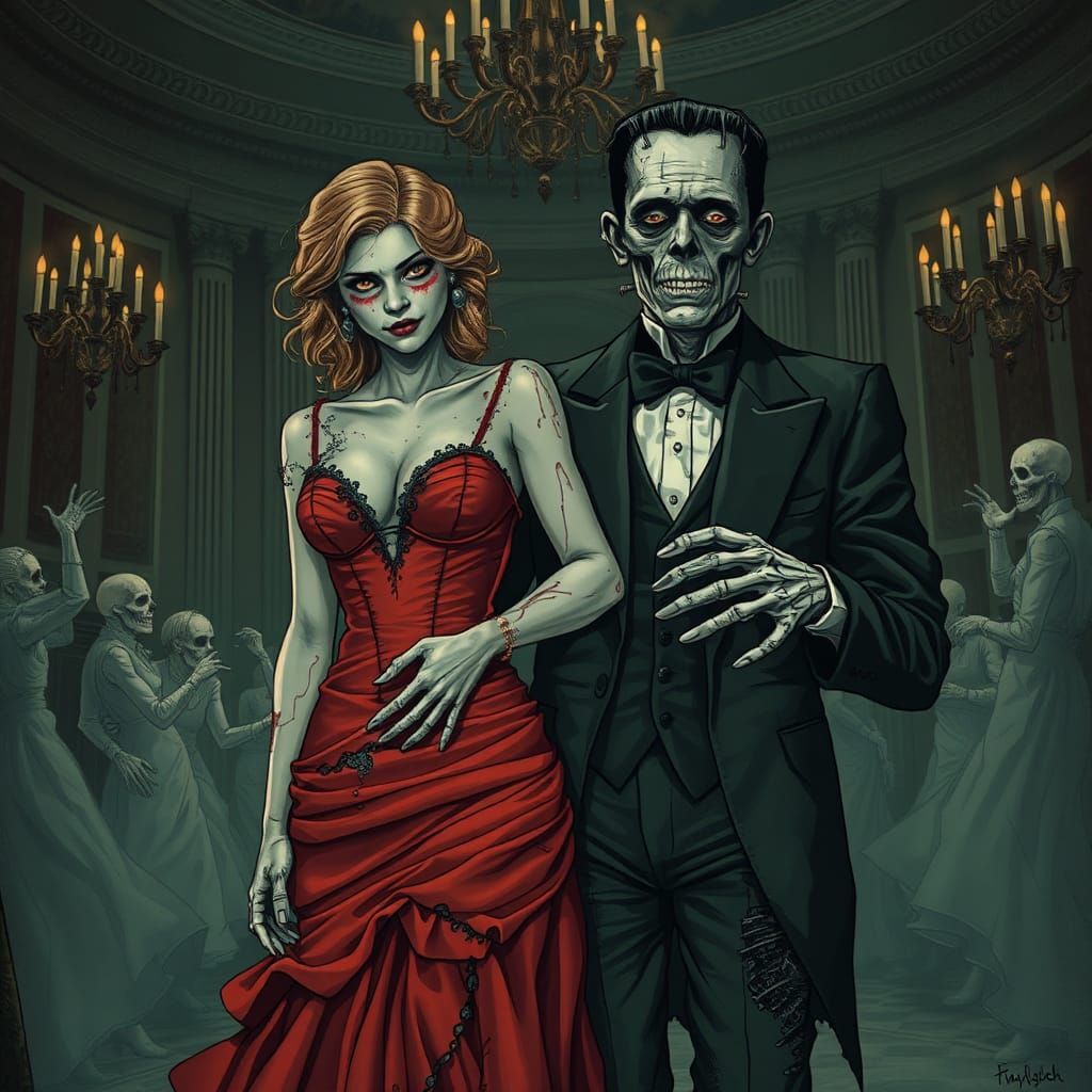 Ethereal Undead Couple in Macabre Ballroom