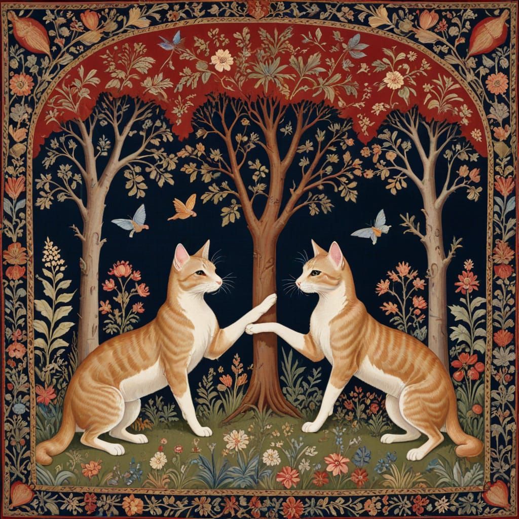 Heraldic Cats Noses Touching Tapestry, Franco-Flemish Style