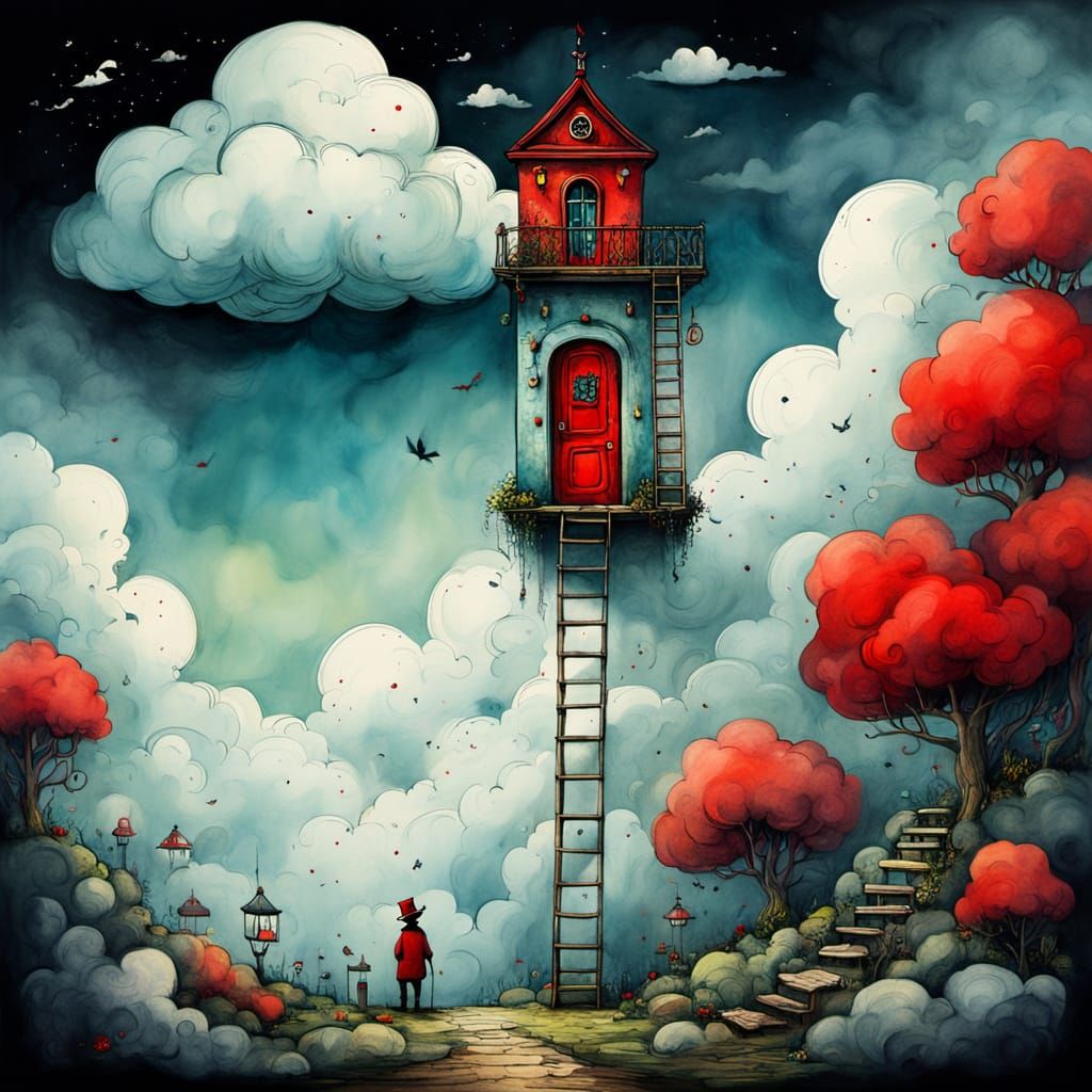 Ladder to Cloud Door: Quirky Watercolor Illustration