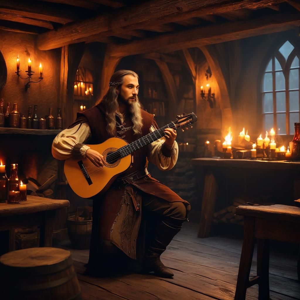 Elvish Bard Performs in a Medieval German Tavern at Sunset