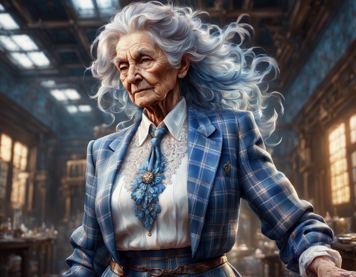 Elderly Woman in Blue Plaid Suit, Sensual Fantasy Art
