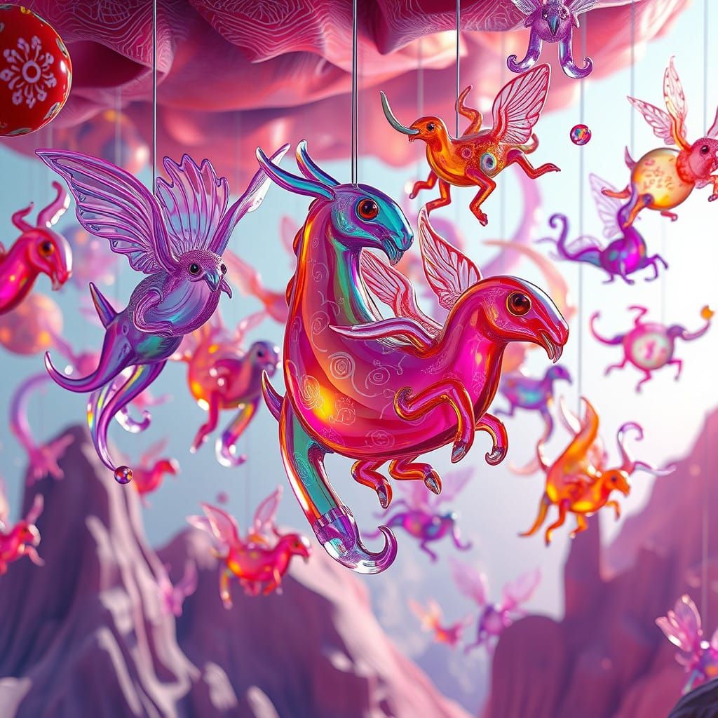 Surreal Glass Menagerie in Vibrant, Dreamlike Realms