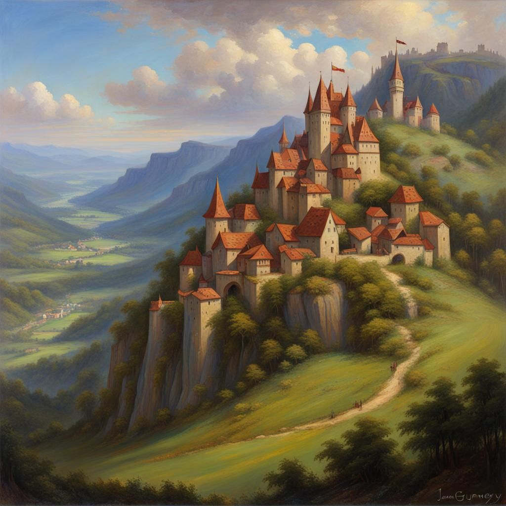 Medieval Castle Amidst a Serene Village Landscape in Oil
