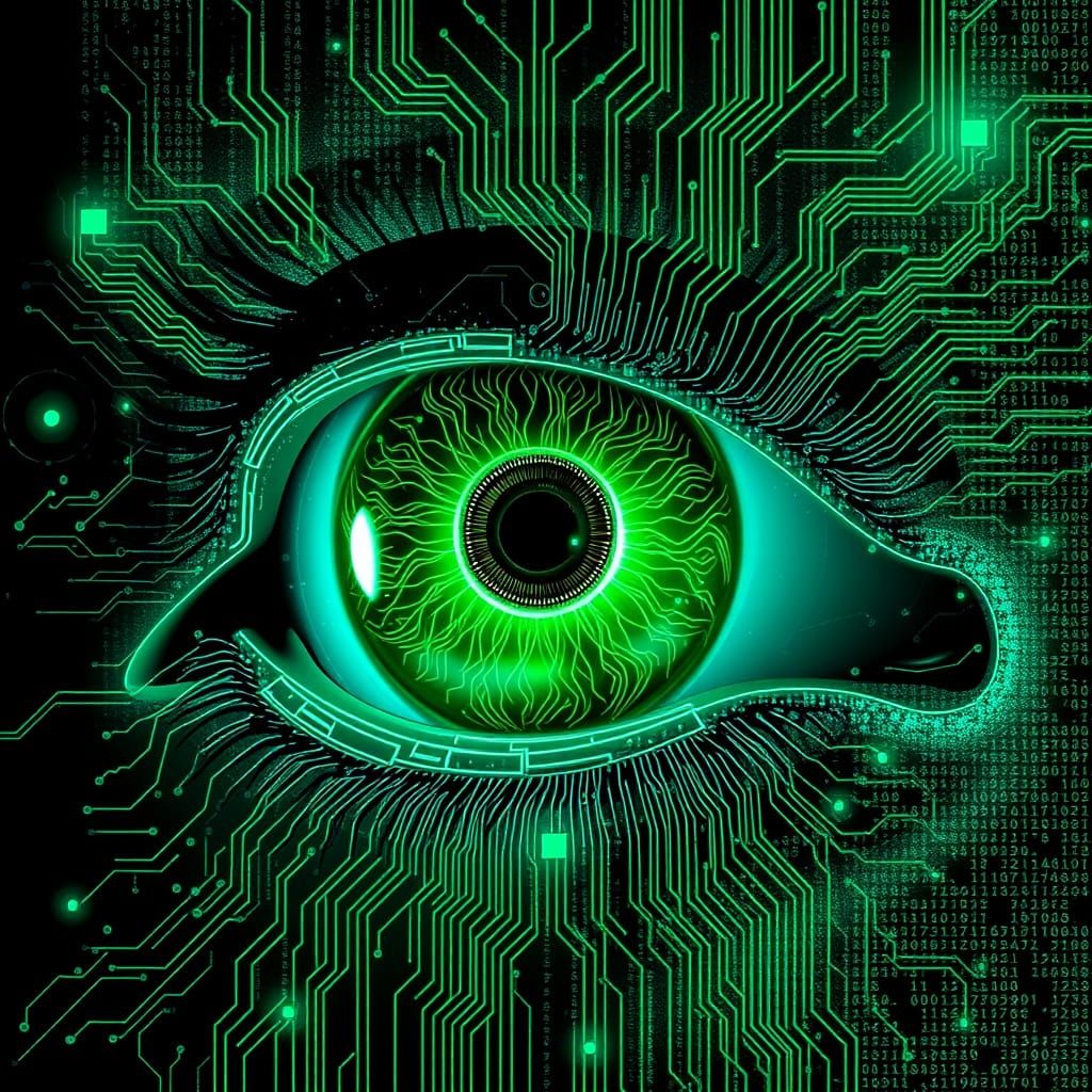 Emerald Cybernetic Eye in Neon-Lit Futurism