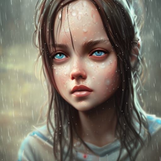 Drenched Girls with Big Eyes, Detailed Digital Art