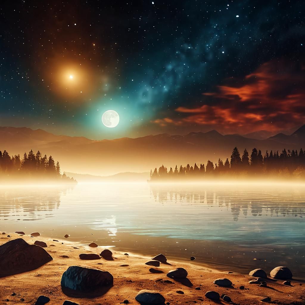 Moonlit Mountain Lake at Night in Ansel Adams Style