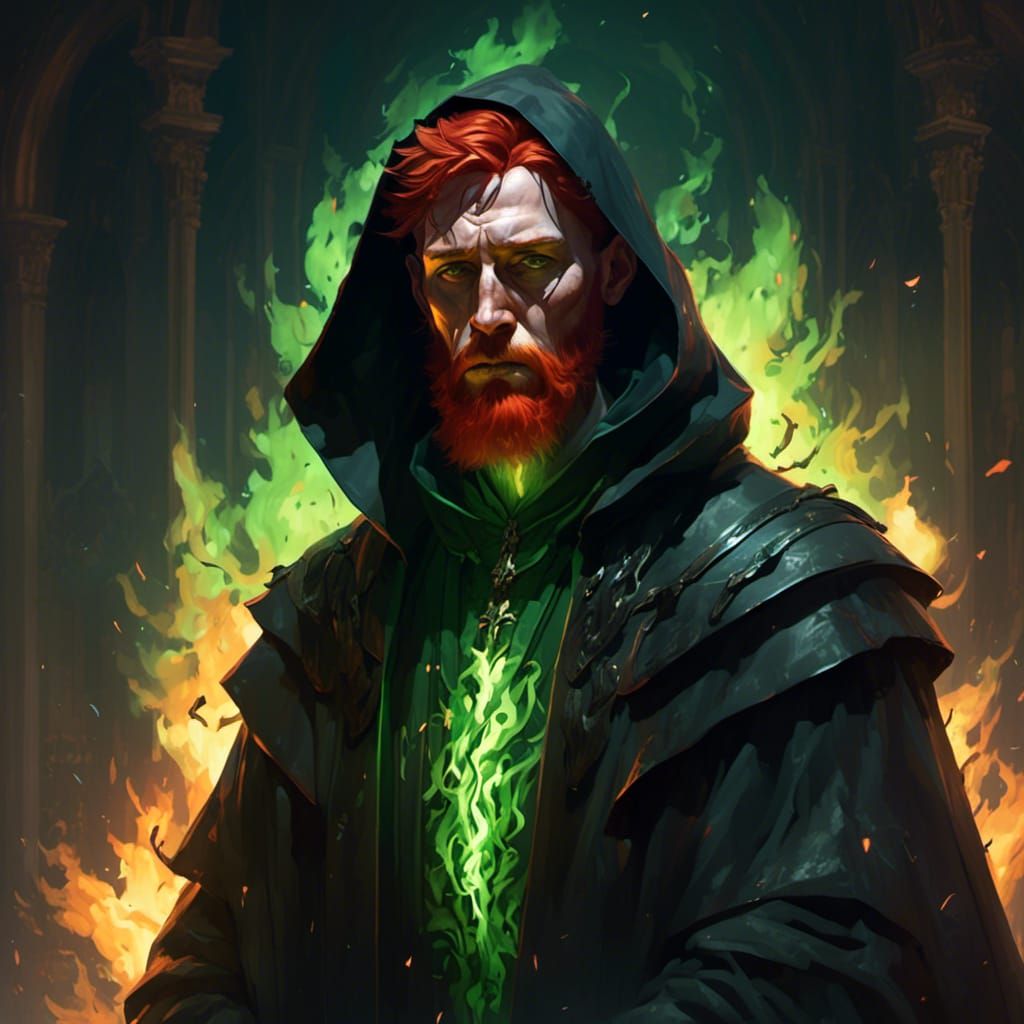 Dark Reverend with Green Flames, Tired Eyes, and Black Robe