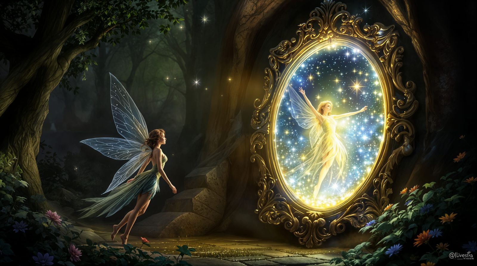 Fairy's Mystical Emergence in Enchanted Forest Setting