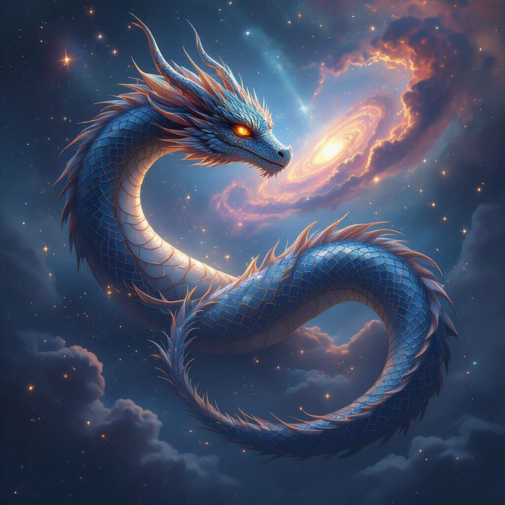 Imagine a celestial dragon, its scales shimmering with stardust, coiled protectively around a newborn galaxy. The dragon...