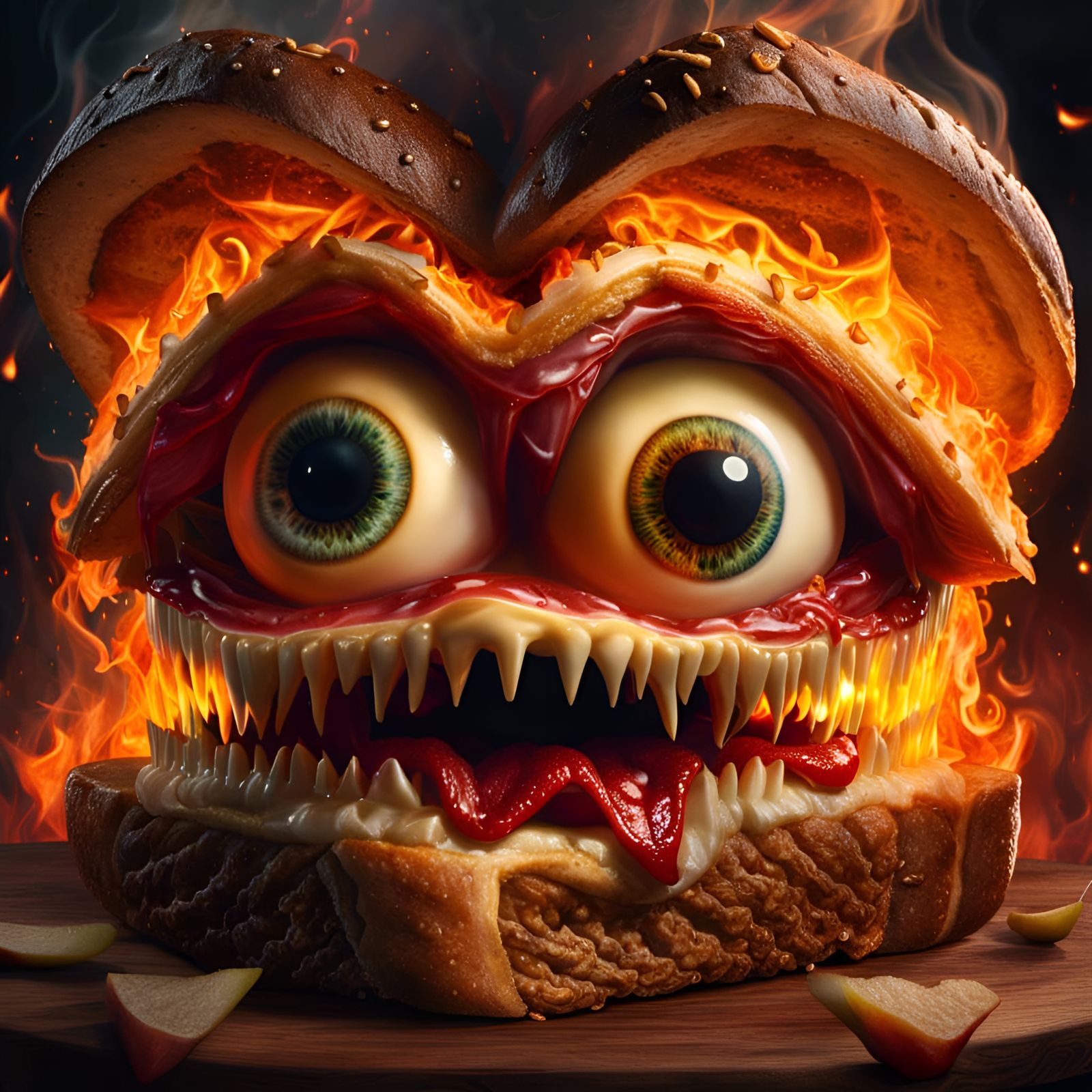 Hyperrealistic Demon Sandwich in Fiery Surroundings