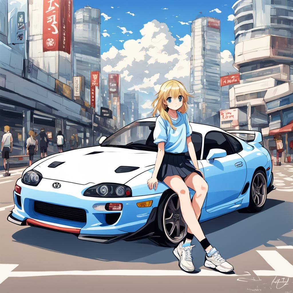 Cute Anime-Inspired Woman Leans on Toyota Supra Trunk, Weari...