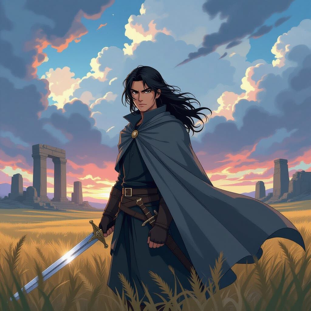 Manga Warrior in Ruins with Dramatic Sky