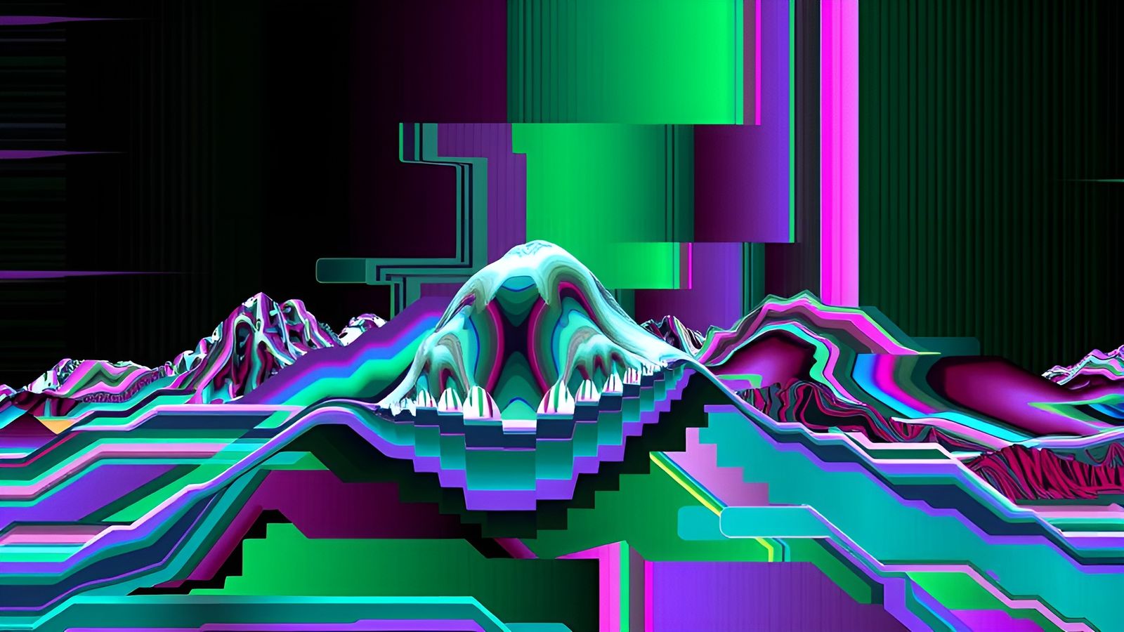 Ethereal Convergence of Mountain Peaks in a Cyberpunk Aesthe...