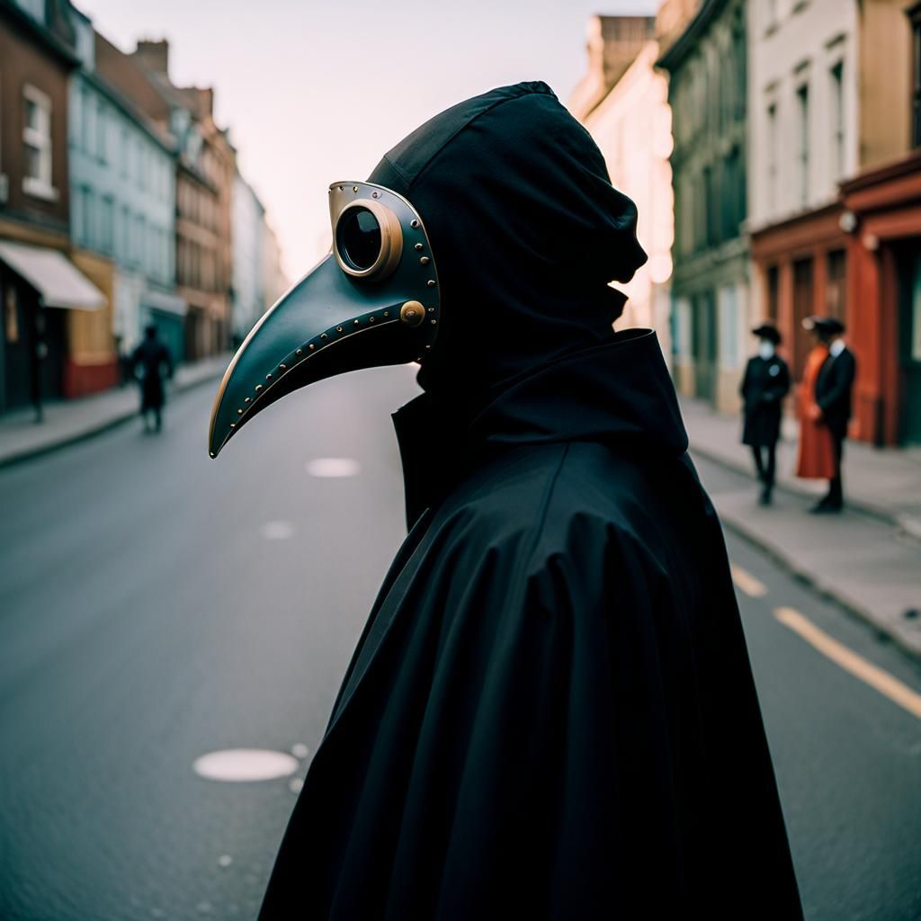 Enigmatic Plague Doctor Amidst Urban Decay
