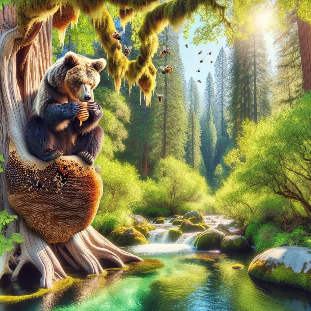 Surreally Adorable Brown Bear Savoring Honey in Forest Sanct...