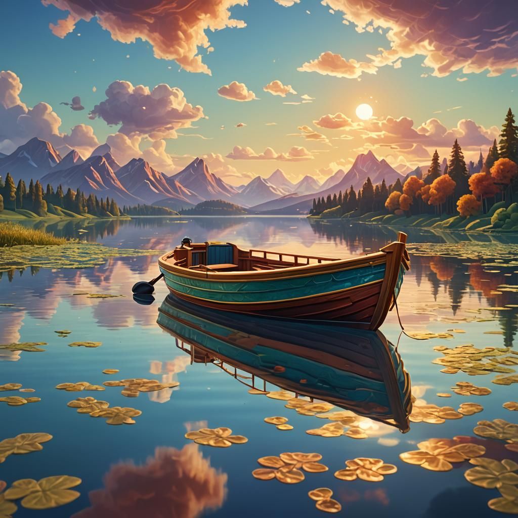 Surreal 3D Digital Art of Glass Boat on Tranquil Lake