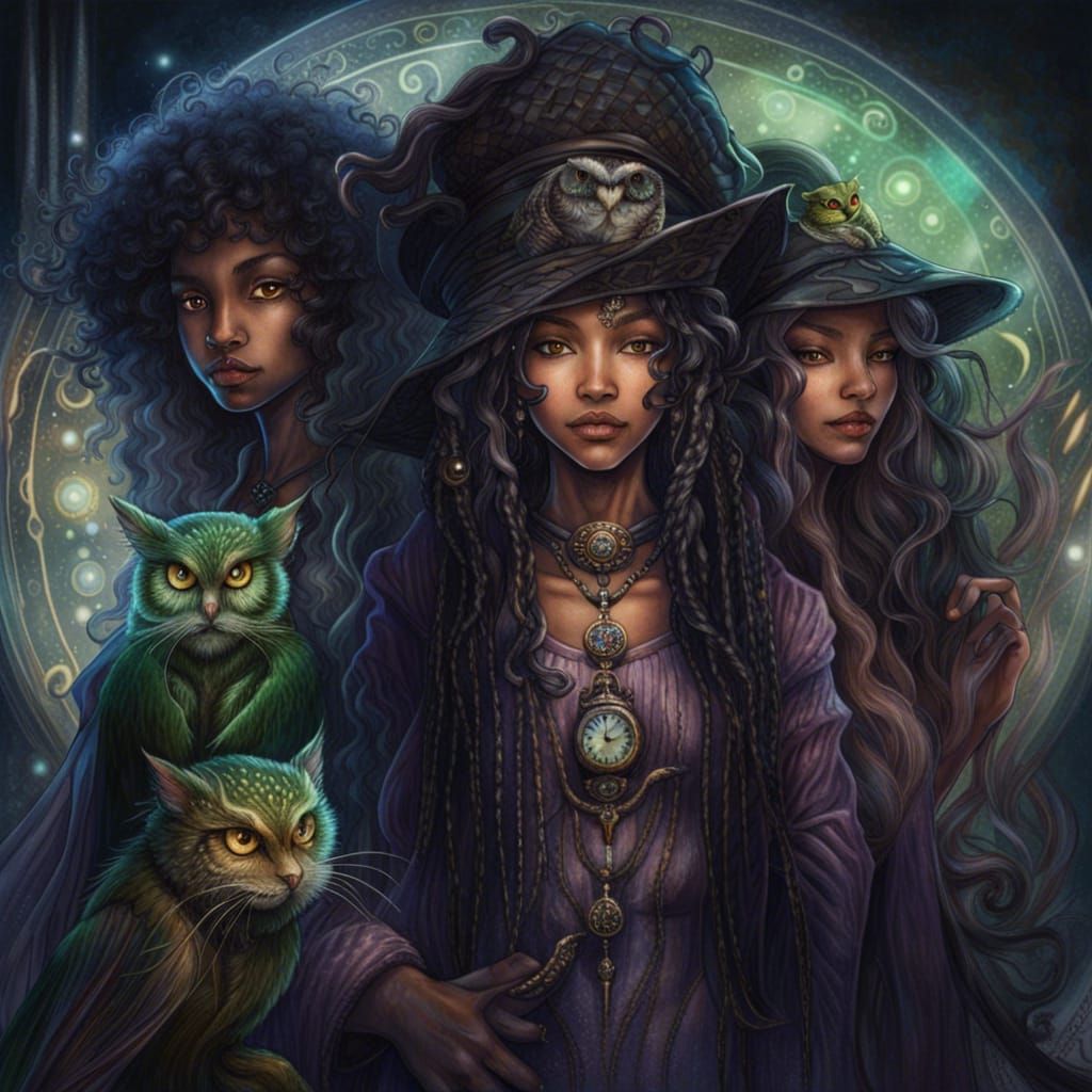 A Trio of Enchanted Witches in Whimsical Darkness