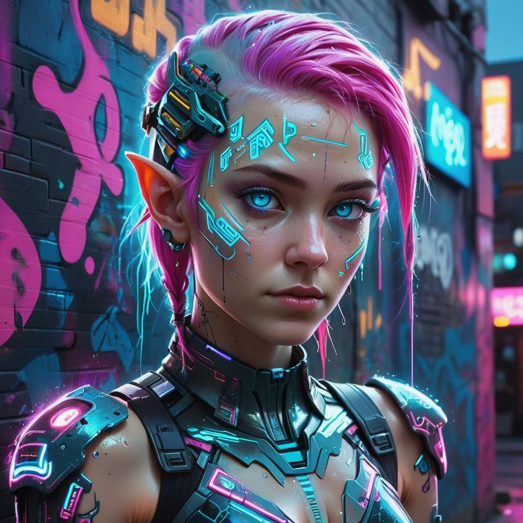 Dramatic Cyberpunk Elf Cyborg Portrait in Hyperrealistic Dig...