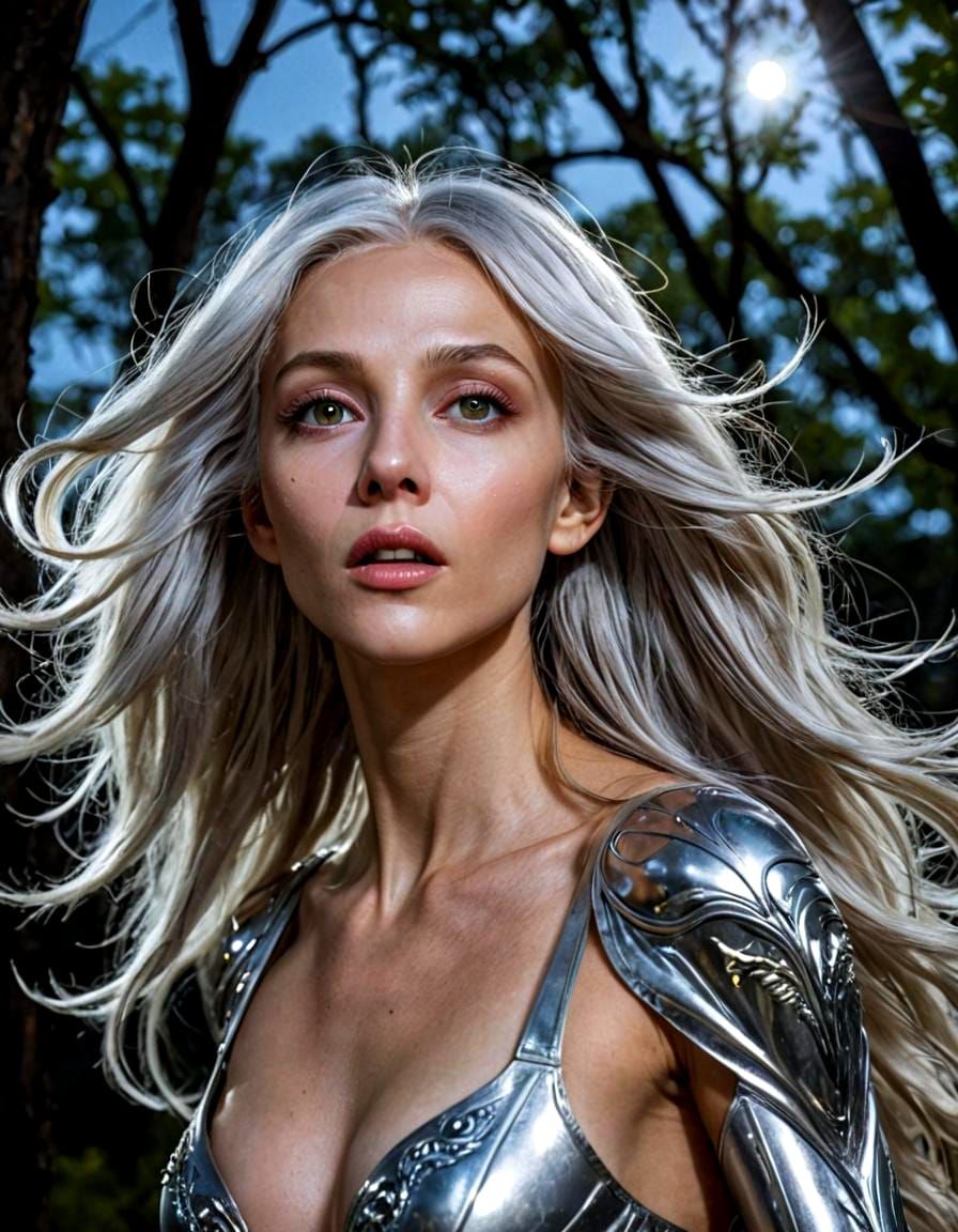 Silver-Haired Alien at Night Under UFO Lights