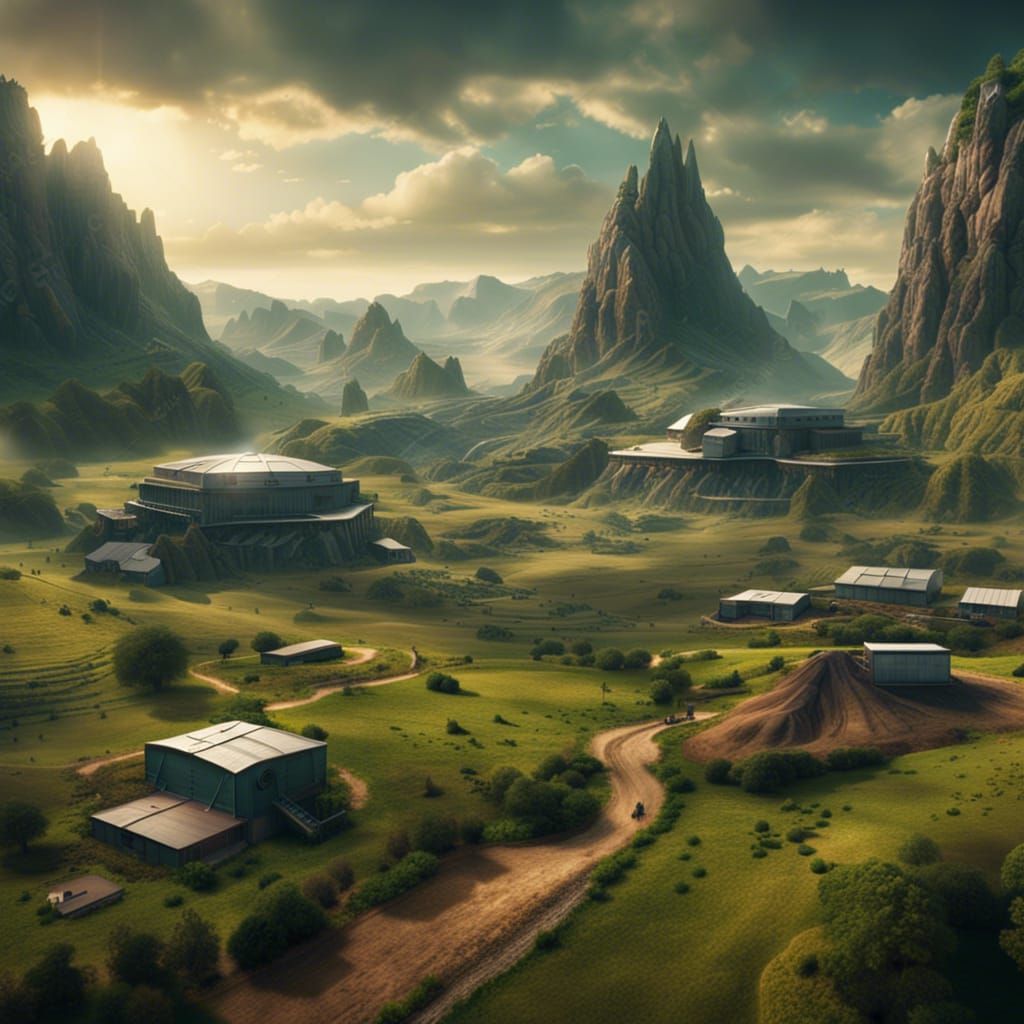 Epic Sci-Fi Farms Amid Rocky Hills in a Stunning Digital Lan...