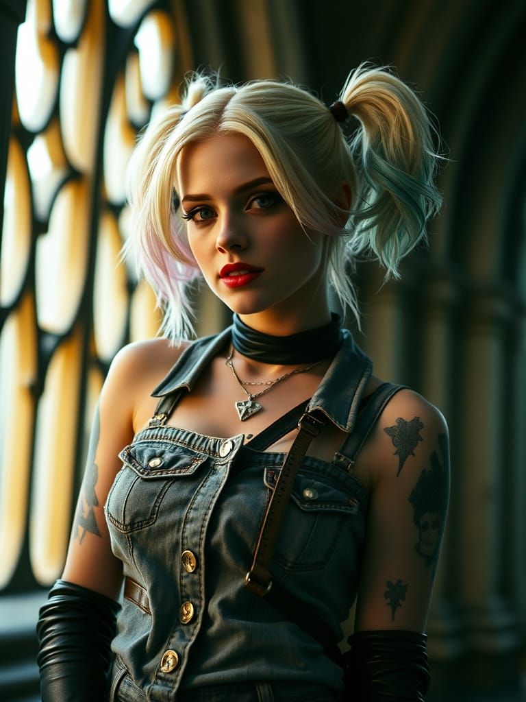 Harley Quinn Pensive Amidst Gothic Tracery