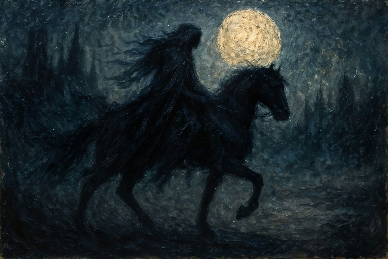 Ethereal Rider on Black Horse in Impasto Landscape
