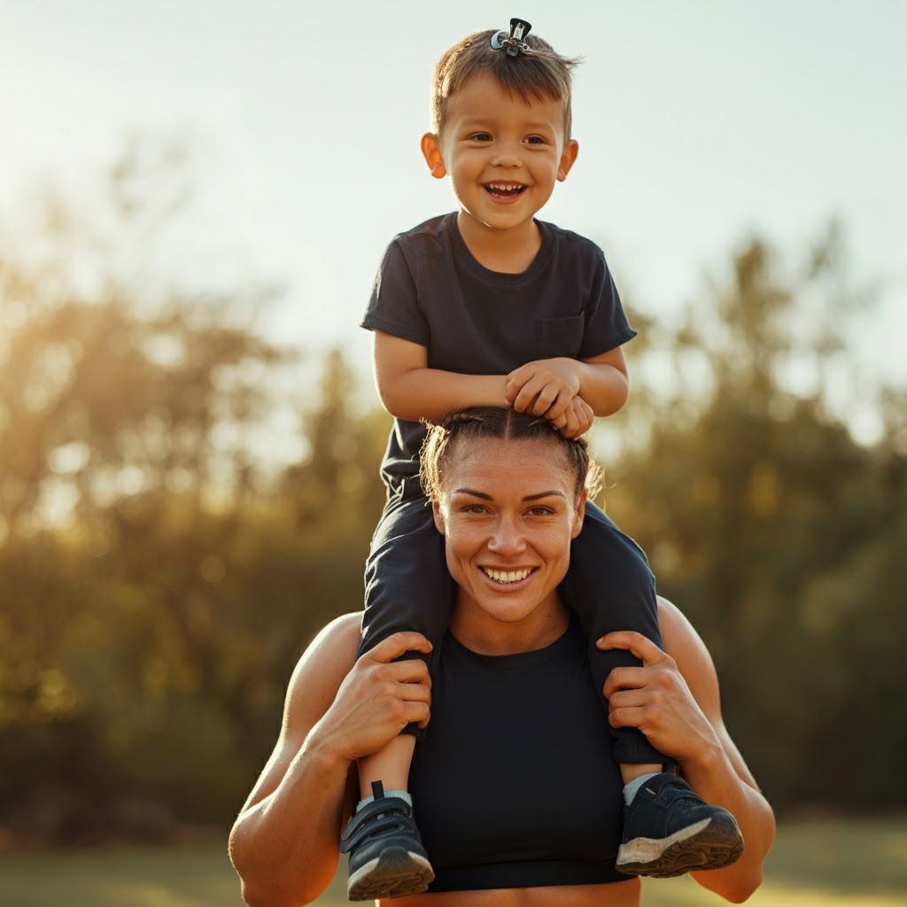 Joyful Boy Rides Shoulders of Athletic Woman in Golden Hour ...