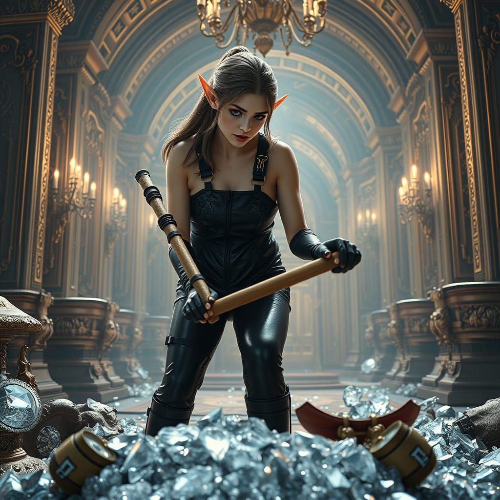 Elf Woman Shoveling Diamonds in Hyperrealistic Style