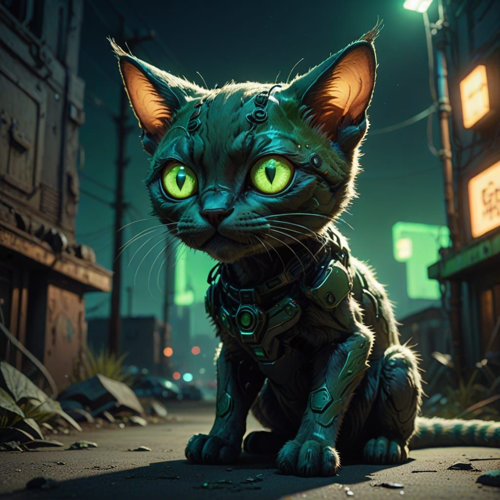 Creepy Cute Alien Cat with Glowing Eyes in Dystopian City