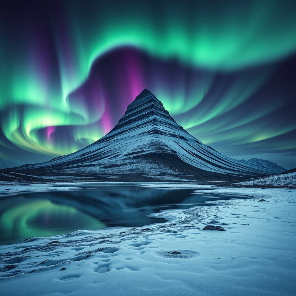Majestic Kirkjufell Mountain Illuminated by Dancing Northern...