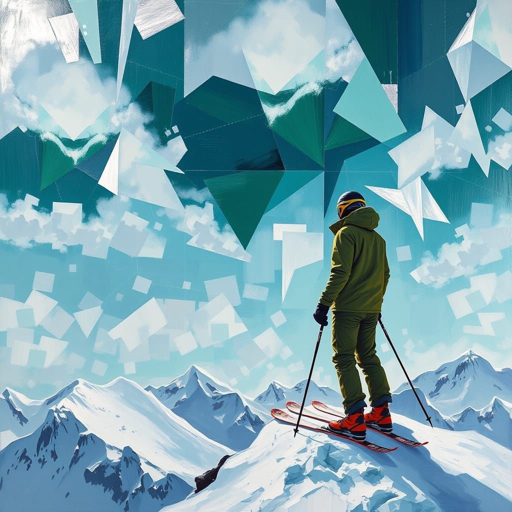 Skier Gazing at Geometric Sky, Abstract Expressionism