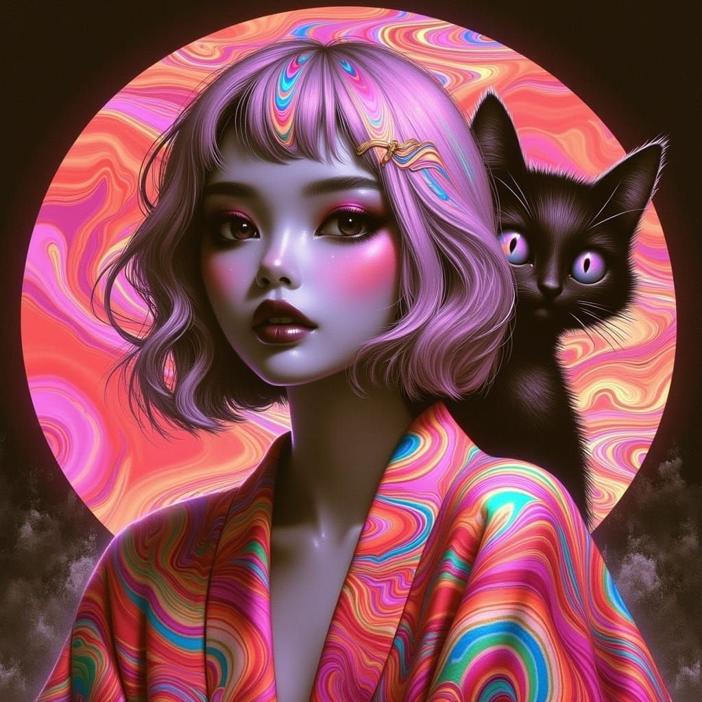 Vibrant Young Woman in Anime-Inspired Kimono with Feline Com...