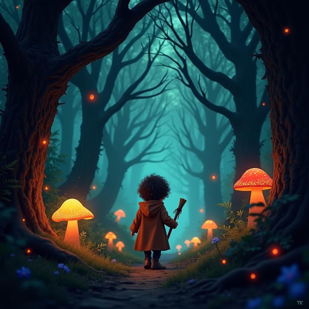 A Frightened Boy Searches for His Mother in a Vibrant Forest...