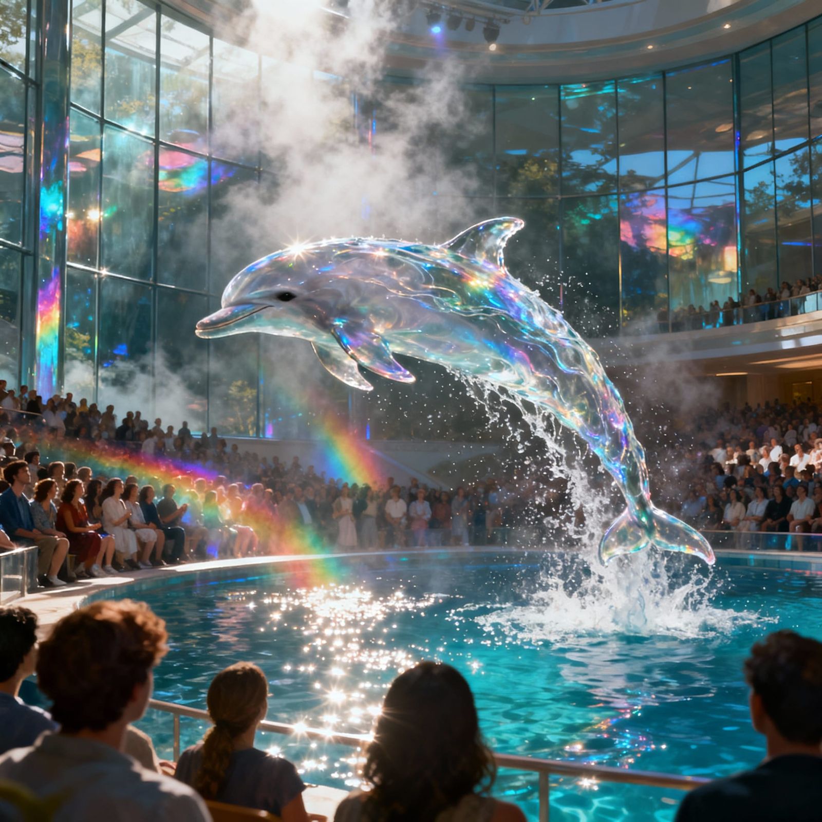 Water Dolphins Leap in Sunlit Dolphinarium