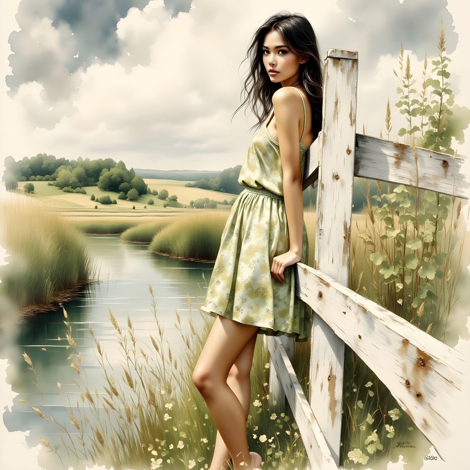 A Playful Young Woman in a Vintage Floral Dress, Leaning Aga...