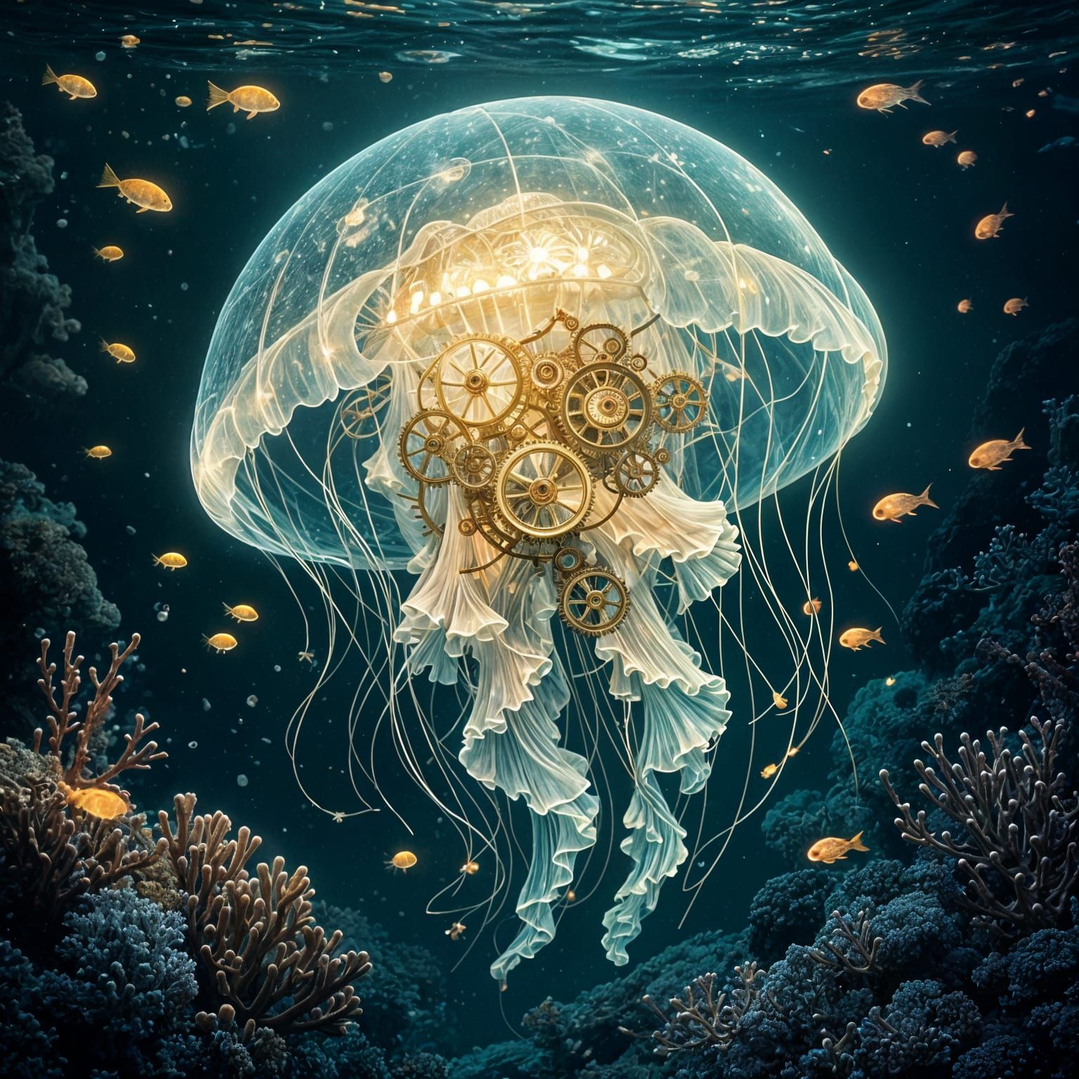 Bioluminescent Clockwork Jellyfish in Art Nouveau Style