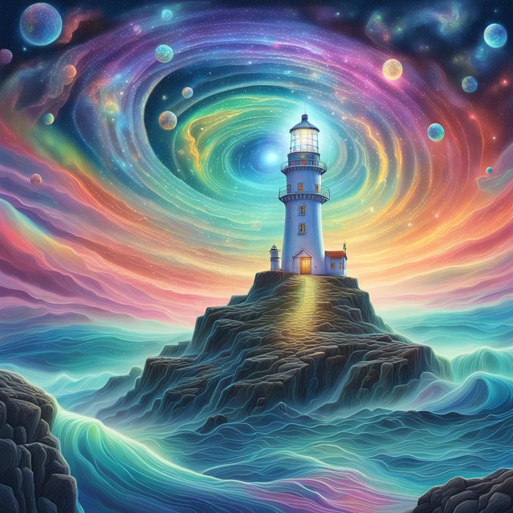 Surreal Lighthouse Illuminated by Cosmic Lights in Ethereal....