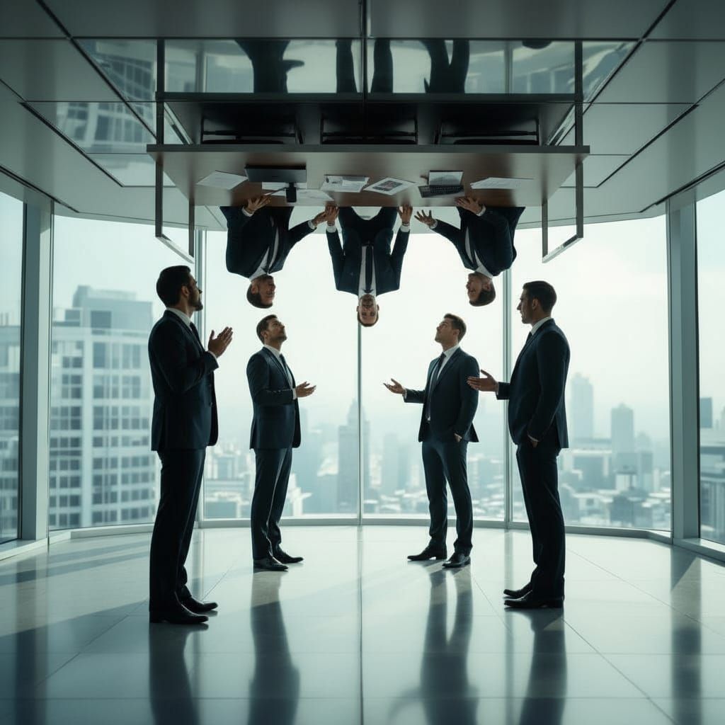 Business Meeting on Office Ceiling: Cinematic Film Still