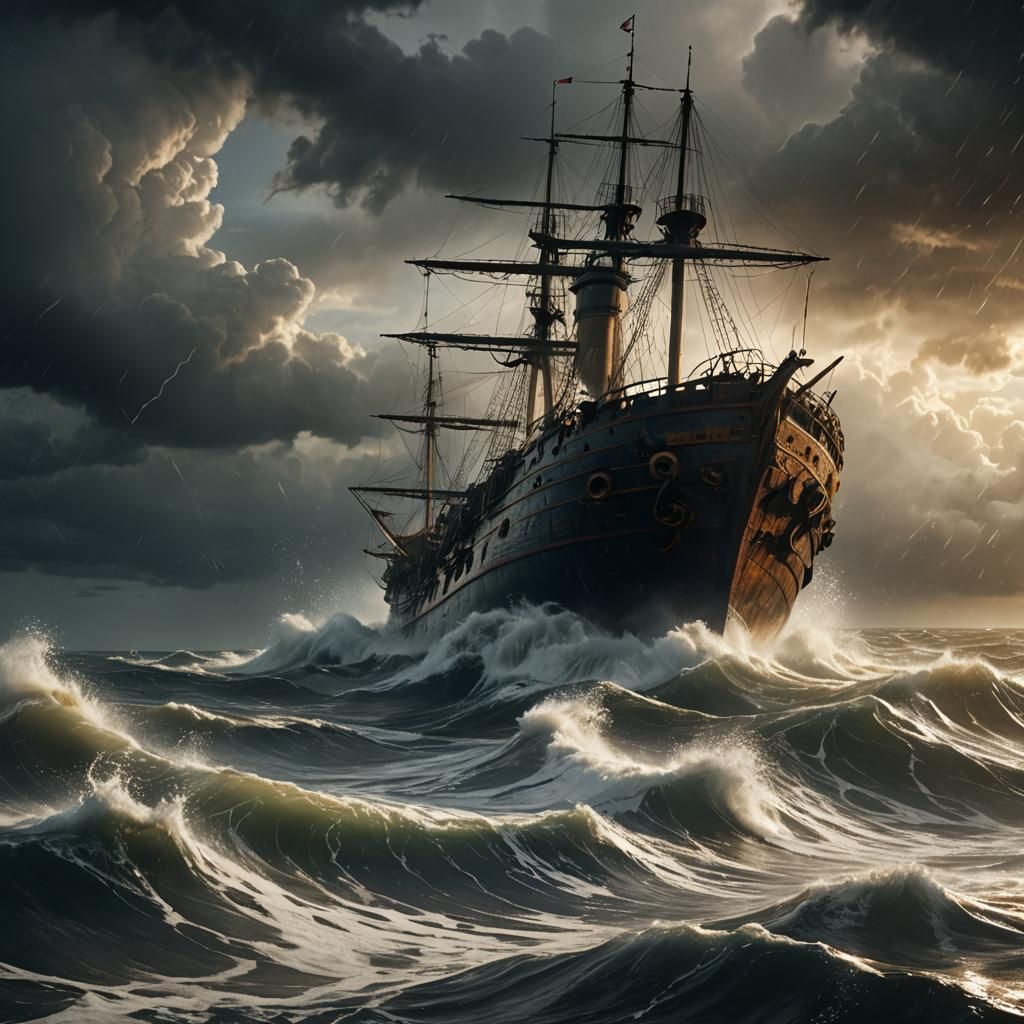 Dramatic Ship Wreck in Turbulent Ocean Storm
