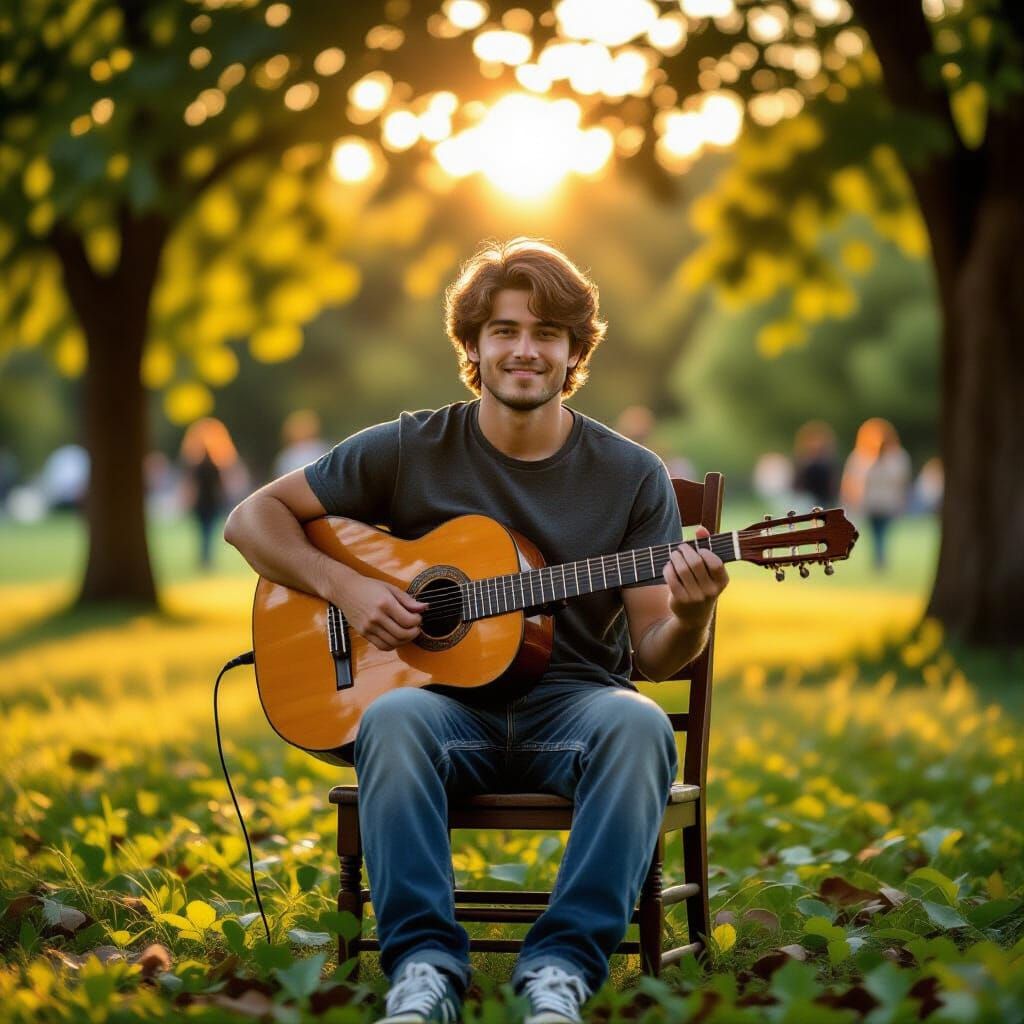 Young Man Playing Guitar in Park at Sunset