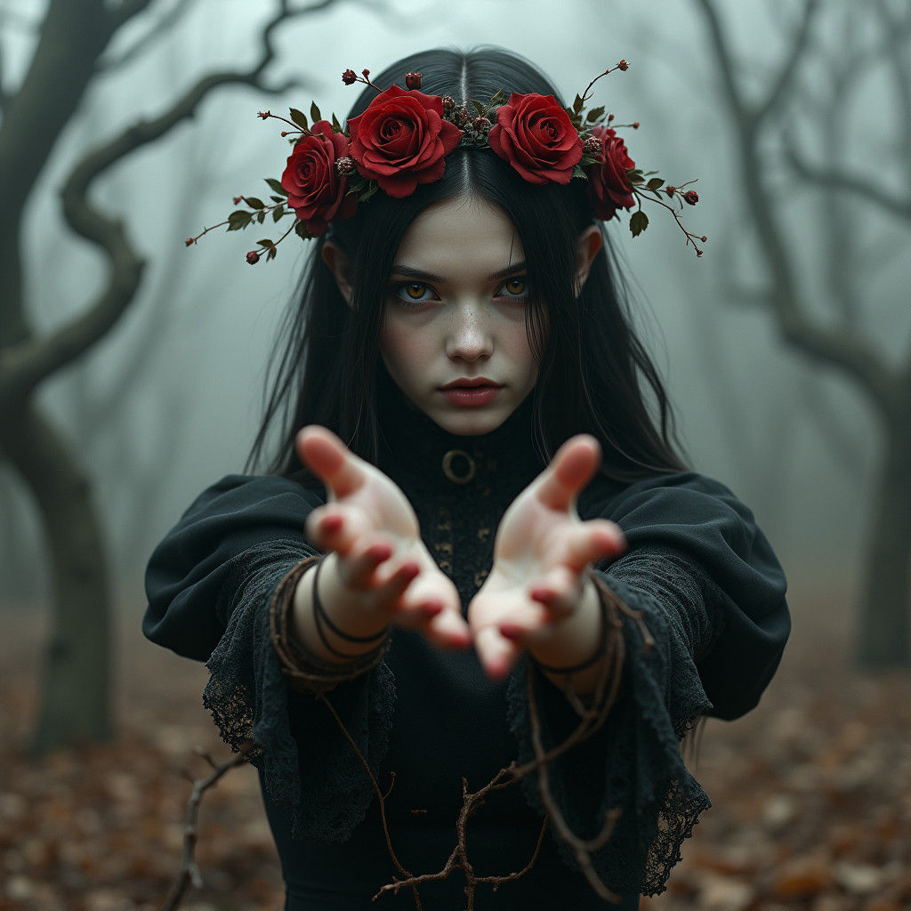 Mystical Victorian Witch Poses in Dark Forest Landscape