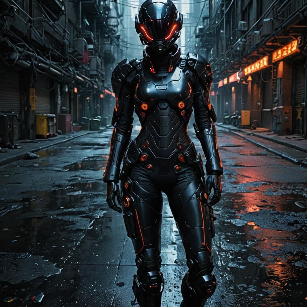 Gritty Anime-Inspired Female Exosuit in Neon-Lit Urban Alley...
